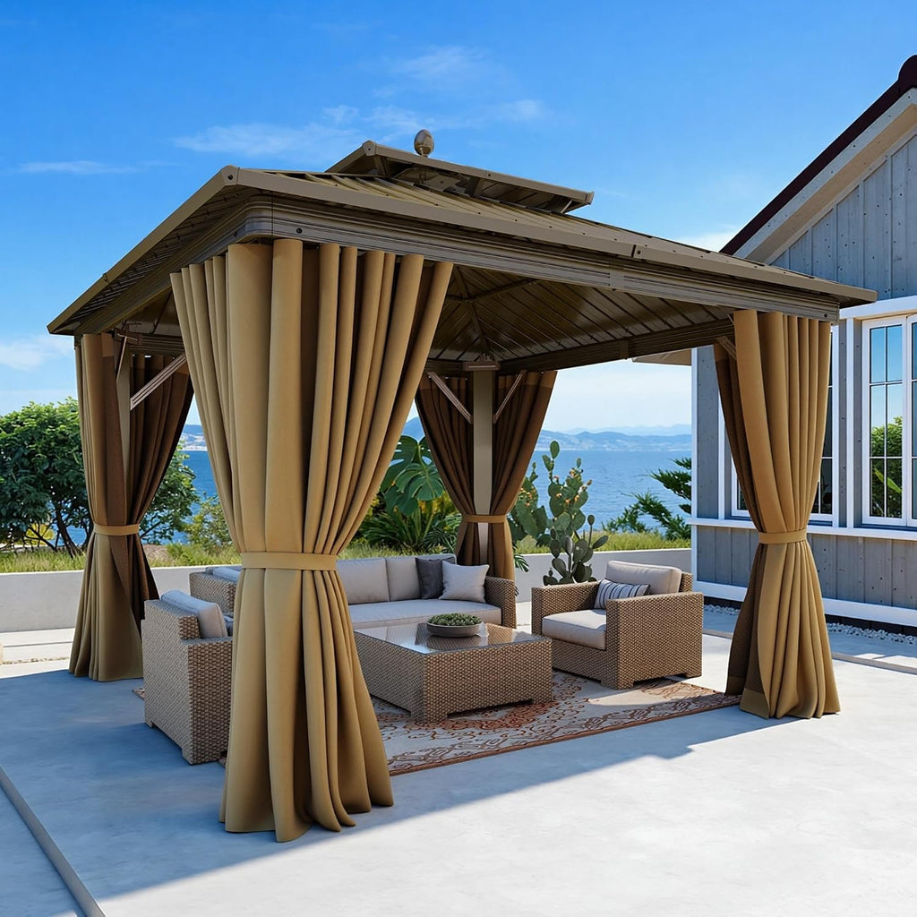 DWVO 10x10ft Aluminum Gazebo Hardtop Double Roof Canopy Outdoor Gazebo Galvanized Roof with Netting and Curtain Garden Tent for Patio, Backyard and Deck