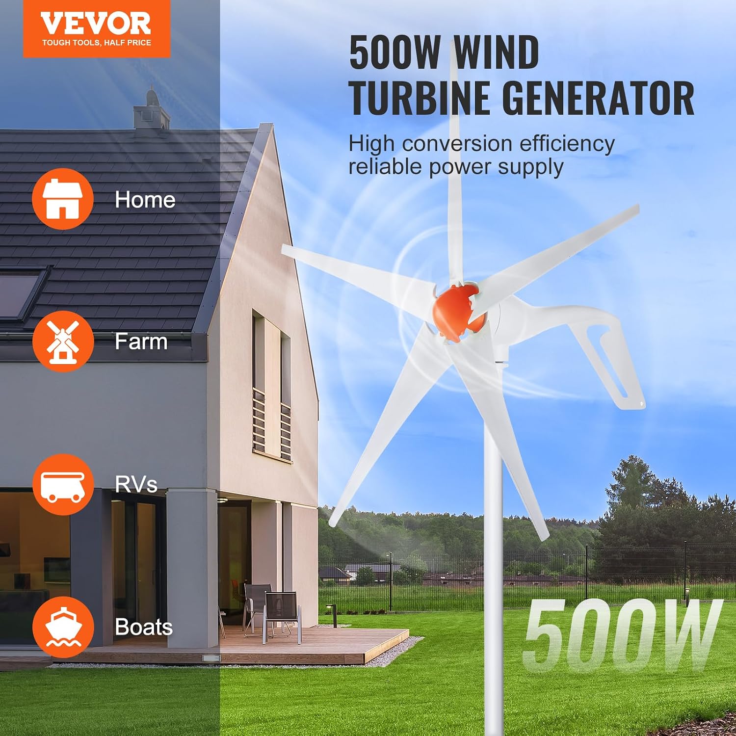 VEVOR 500W Wind Turbine Generator, 12V Wind Turbine Kit, 5-Blade Wind Power Generator with MPPT Controller, Adjustable Windward Direction & 2.5m/s Start Wind Speed, Suitable for Home, Farm, RVs, Boats