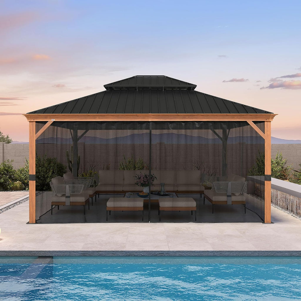 PURPLE LEAF 14' X 16' Outdoor Hardtop Gazebo for Patio Galvanized Steel Double Roof Permanent Canopy Teak Finish Coated Aluminum Frame Pavilion Gazebo with Netting and Lights