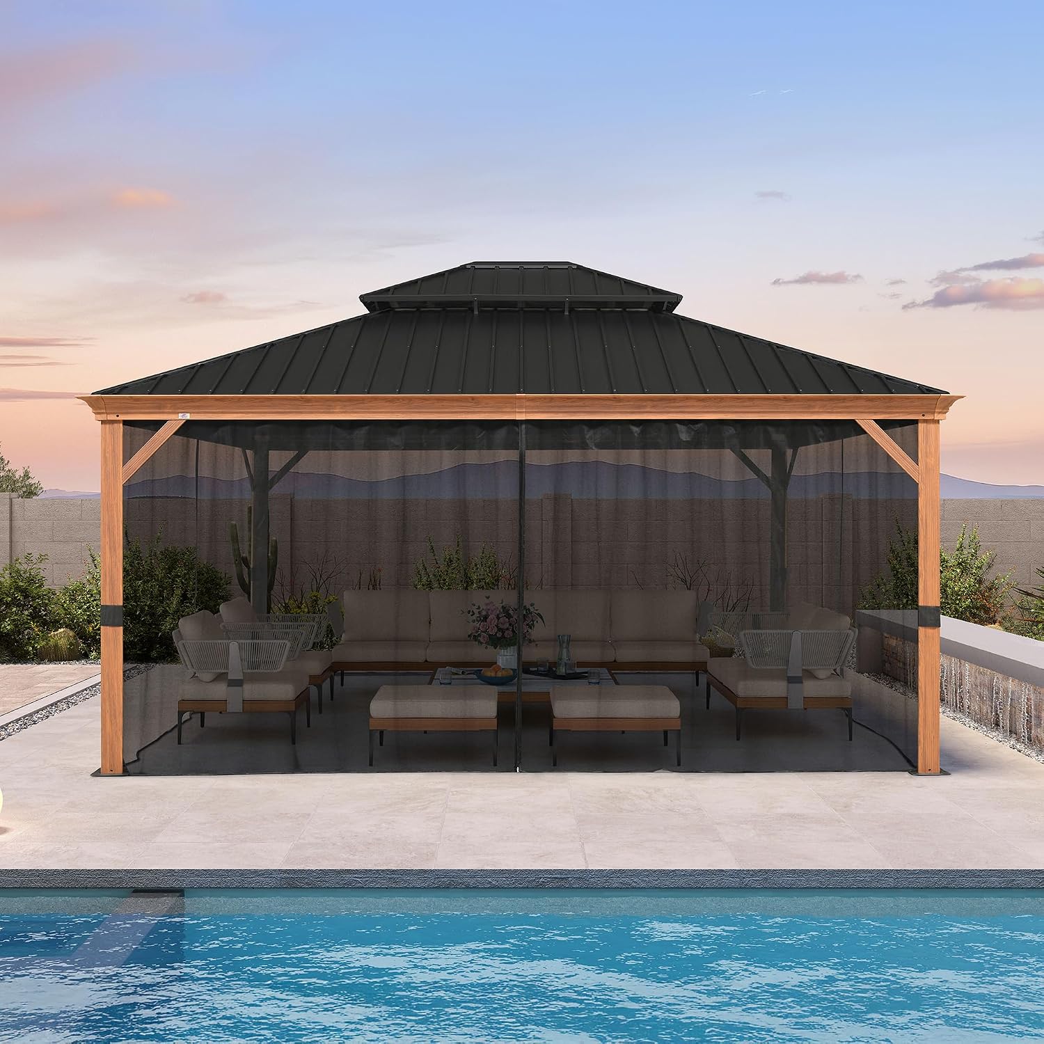 PURPLE LEAF 14' X 16' Outdoor Hardtop Gazebo for Patio Galvanized Steel Double Roof Permanent Canopy Teak Finish Coated Aluminum Frame Pavilion Gazebo with Netting and Lights