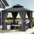 DWVO 10x10ft Hardtop Gazebo Double Roof with Nettings and Curtains, Heavy Duty Galvanized Steel Outdoor Vertical Stripes Roof for Patio, Backyard, Deck, Lawns, Grey