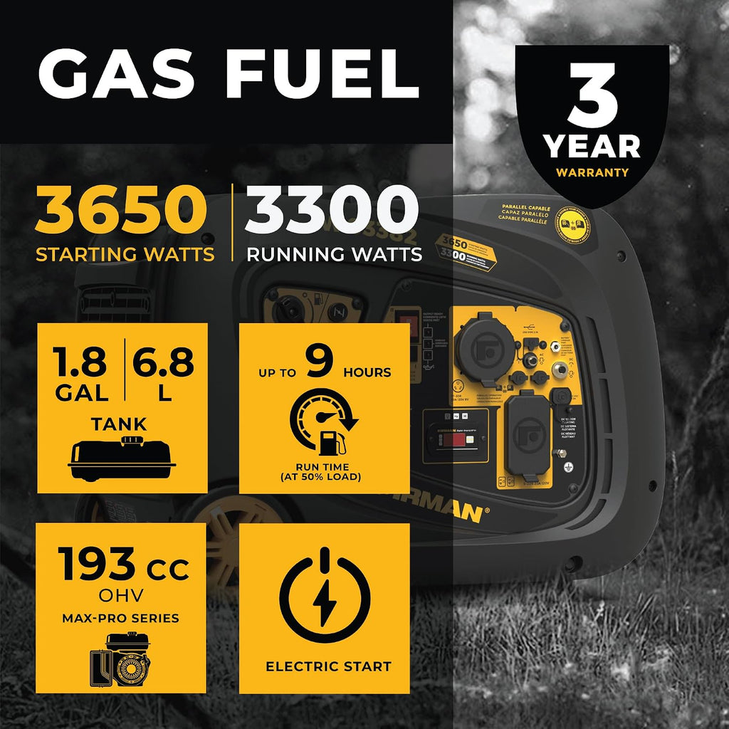 FIRMAN W03382 Gas Inverter Portable Generator, 3650W Electric Start Power, Quiet Whisper Series Muffler, Fuel Efficient Eco Mode, RV Ready 120V Output, Camping Outdoor Recreation, Home Backup Use