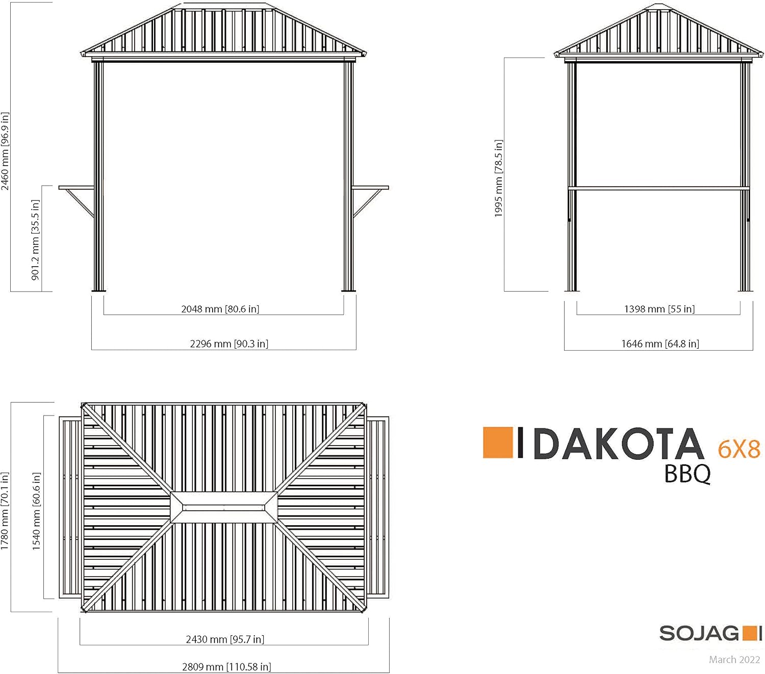 Sojag 6' x 8' Outdoor Dakota Hardtop Grill Gazebo Backyard Shade and Grilling Structure, Charcoal