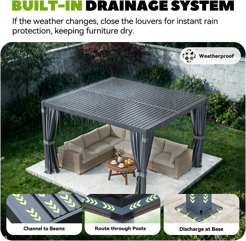 MELLCOM Louvered Pergola 12x12, Steel Aluminum Pergola with Adjustable Louvered Roofs, Outdoor Gazebo with Waterproof Curtains and Nets, Black