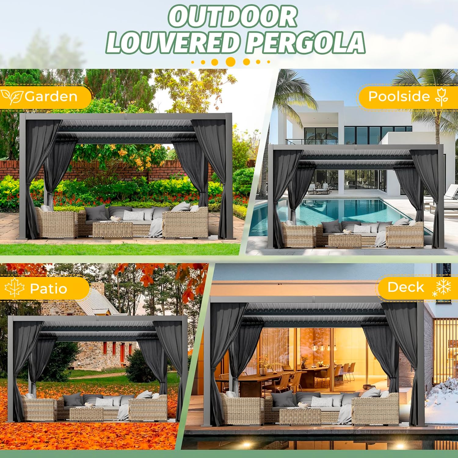 LVUYOYO 10' x 13' Outdoor Louvered Pergola, Metal Aluminum Pergola with Adjustable Roof, Waterproof Gazebo with Curtains and Netting for Patio, Backyard, Garden, Deck (Black)