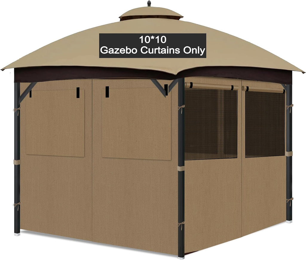Gazebo Privacy Curtain 10'x10', Replacement Curtains with Mosquito Net Windows, 4-Panels Side Wall, Zippers, Waterproof Outdoor Curtains for Patio, Canopy, Garden and Backyard, Khaki (Curtain Only)