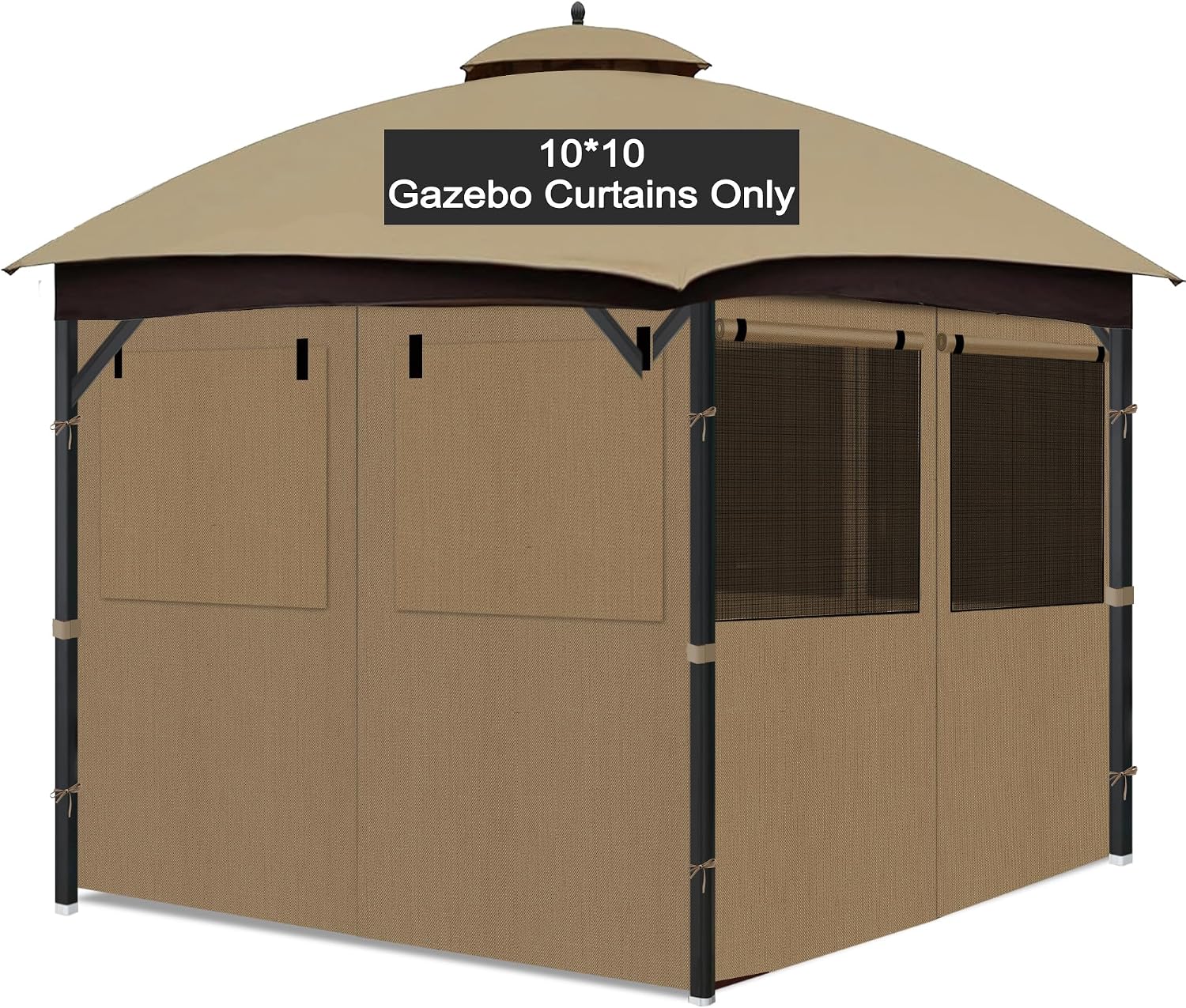 Gazebo Privacy Curtain 10'x10', Replacement Curtains with Mosquito Net Windows, 4-Panels Side Wall, Zippers, Waterproof Outdoor Curtains for Patio, Canopy, Garden and Backyard, Khaki (Curtain Only)
