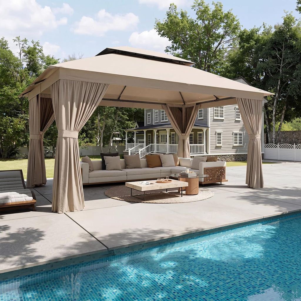 Aoxun Outdoor Gazebo for Patio 10x12 Metal Frame Canopy with Double Roofs Heavy Duty Party Tent and Shelter with Mosquito Netting and Privacy Screen for Backyard, Lawn, Garden, Deck (Khaki)
