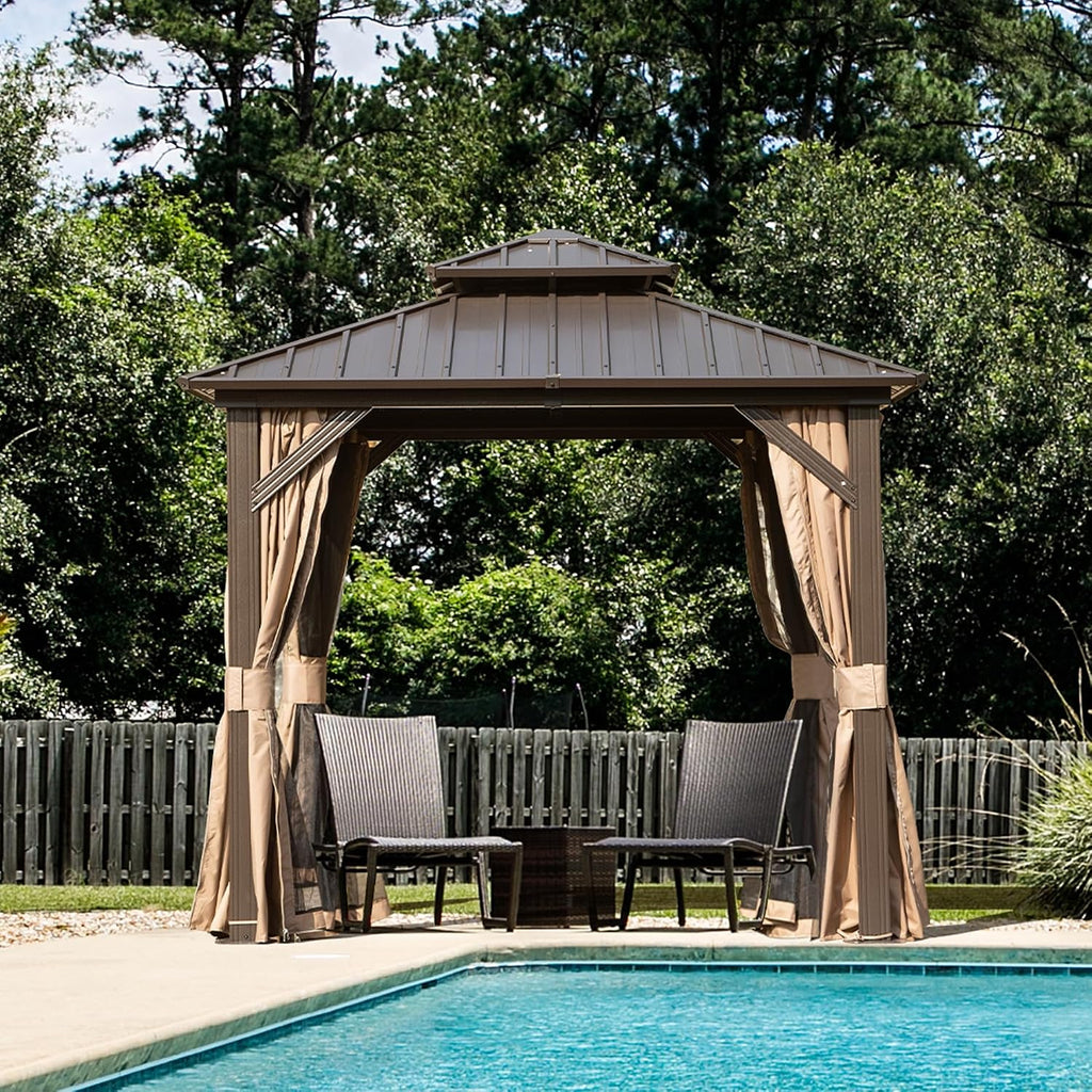 Domi 8x8FT Outdoor Gazebo, Patio Gazebo with Galvanized Steel, Hardtop Gazbo for Patio, Deck, Backyard, Curtain and Netting Included