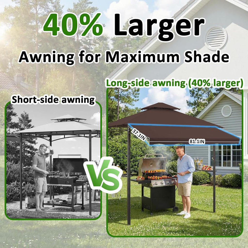 CHARMELEON 8x8 FT Grill Gazebo, Grill Canopy with Big Awning&2 Side Shelves&6 Hooks&Bottle Opener, Powder-Coated Steel BBQ Shelter for Patio Backyard Outdoor Grilling-Brown