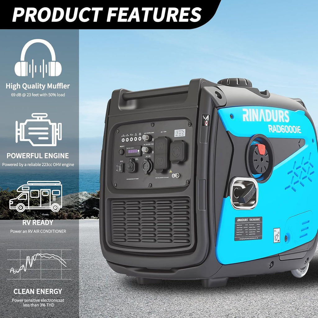 RAD 6000iE Portable Generator, 5500W Peak / 5000W Rated, 223cc Engine, ECO Mode, CO Detection, Ideal for RV and Home Backup Power