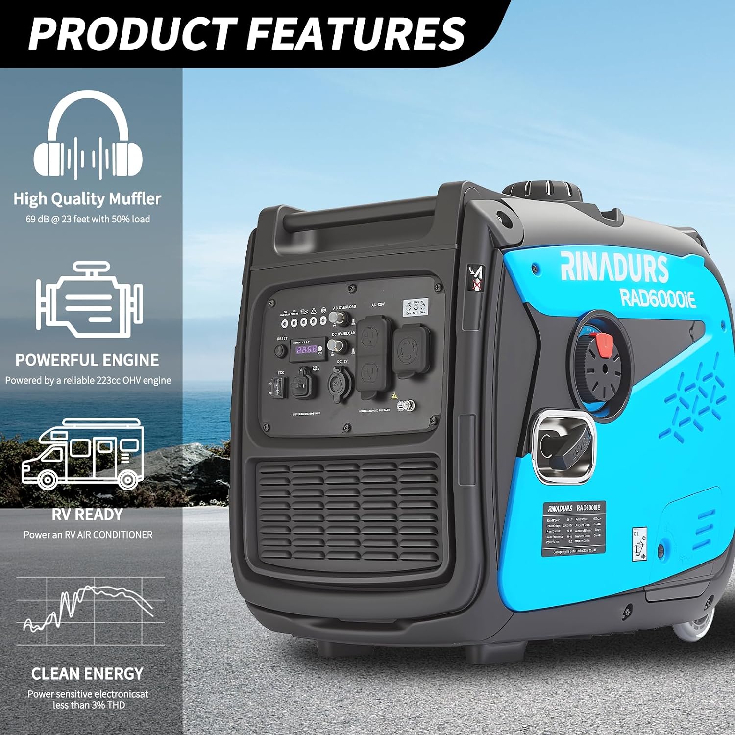 RAD 6000iE Portable Generator, 5500W Peak / 5000W Rated, 223cc Engine, ECO Mode, CO Detection, Ideal for RV and Home Backup Power
