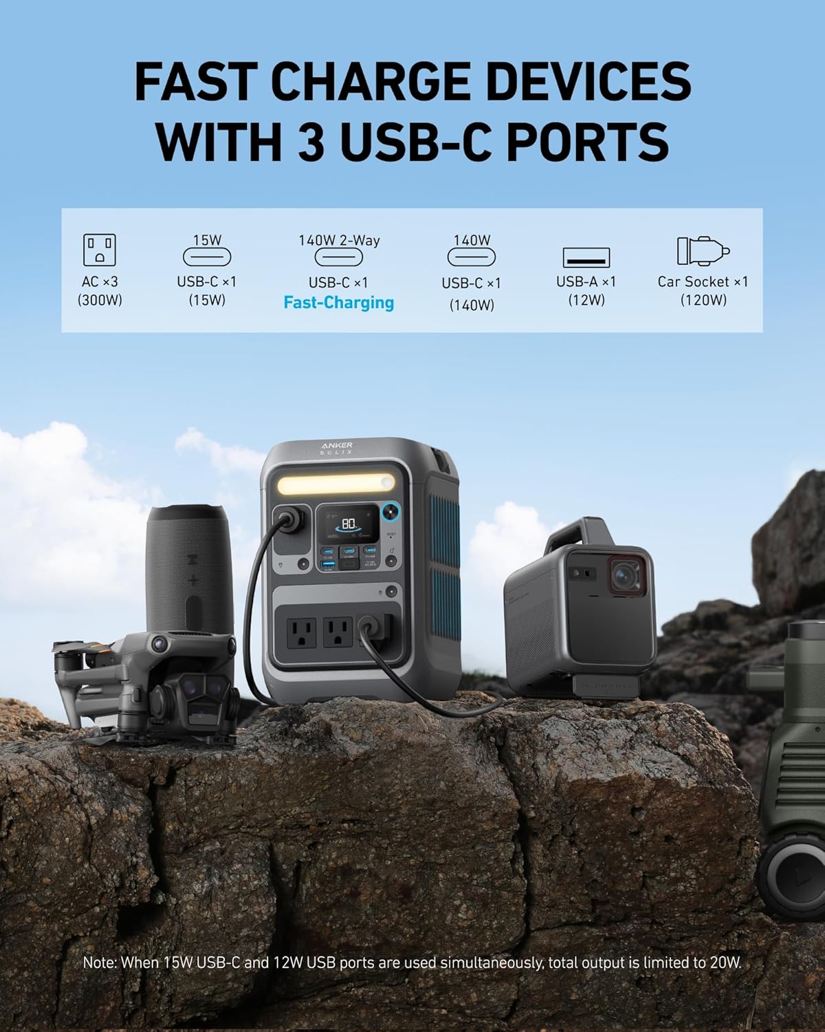Anker Portable Power Station SOLIX C300, 288Wh LiFePO4 Backup Battery, 300W Solar Generator, 140W Two-Way Fast Charging, for Camping, Hunting, Travel, Blackout & Emergencies (Solar Panel Optional)