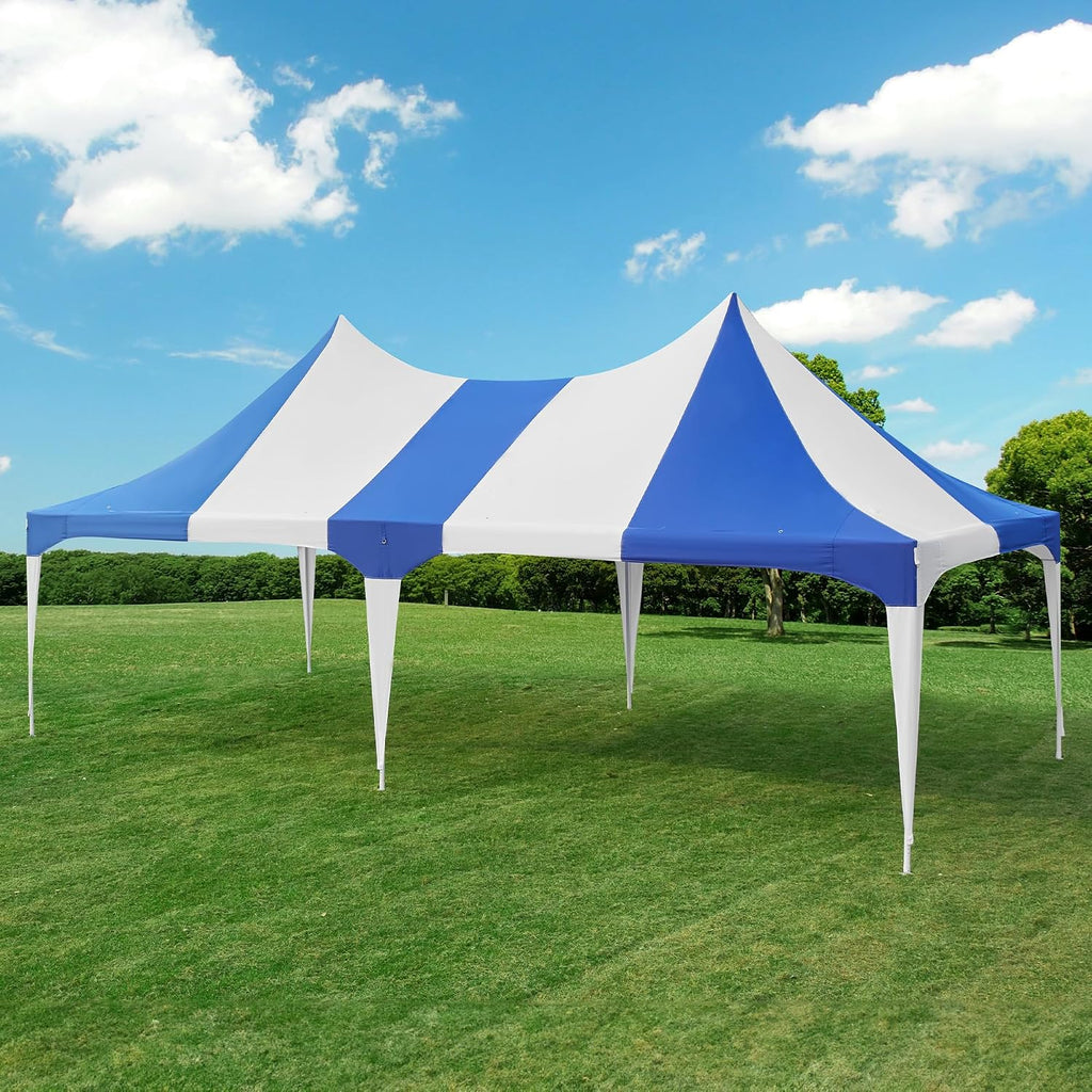 EROMMY 13x26ft Party Tent, Heavy Duty Wedding, Double Peaked Canopy Tent with Pole-Less Event Space, 60 Person Capacity Outdoor Gazebo Pavilion Shelter for Party, Event, White & Blue