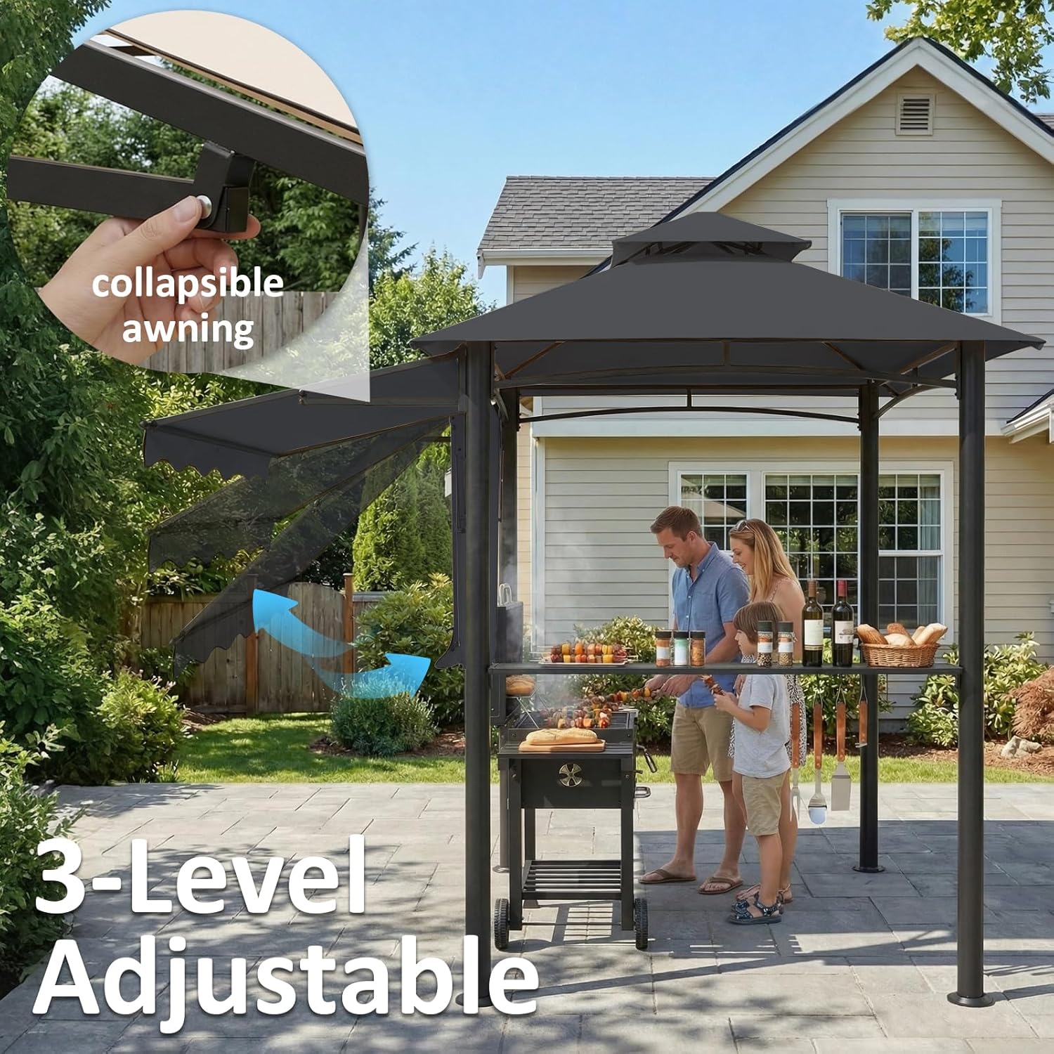 CHARMELEON 8x8 FT Grill Gazebo, Grill Canopy with Big Awning&2 Side Shelves&6 Hooks&Bottle Opener, Powder-Coated Steel BBQ Shelter for Patio Backyard Outdoor Grilling-Dark Gray