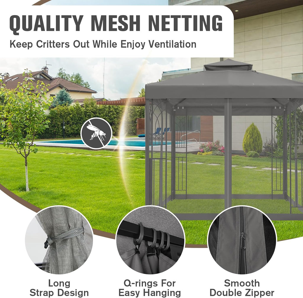 COOS BAY 8x8 Patio Gazebo with Corner Shelves, Two Tier Soft Top Canopy with Mesh Netting for Backyard, Garden, Lawn, Outdoor Events, Gray