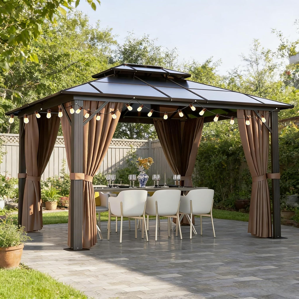 Aoxun 10'x12' Hardtop Gazebo, Aluminum Frame Permanent Pavilion with Curtains and Netting, Outdoor Polycarbonate Double Roof Canopy with String Lights, for Garden, Lawns, Patio, Brown