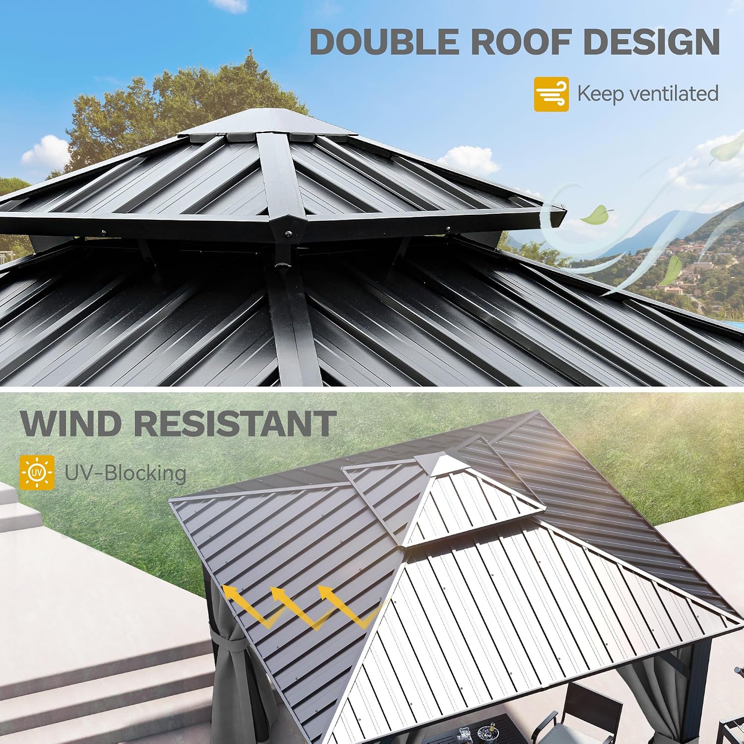 DWVO 10x10ft Hardtop Gazebo Double Roof with Nettings and Curtains, Heavy Duty Galvanized Steel Outdoor Vertical Stripes Roof for Patio, Backyard, Deck, Lawns, Grey