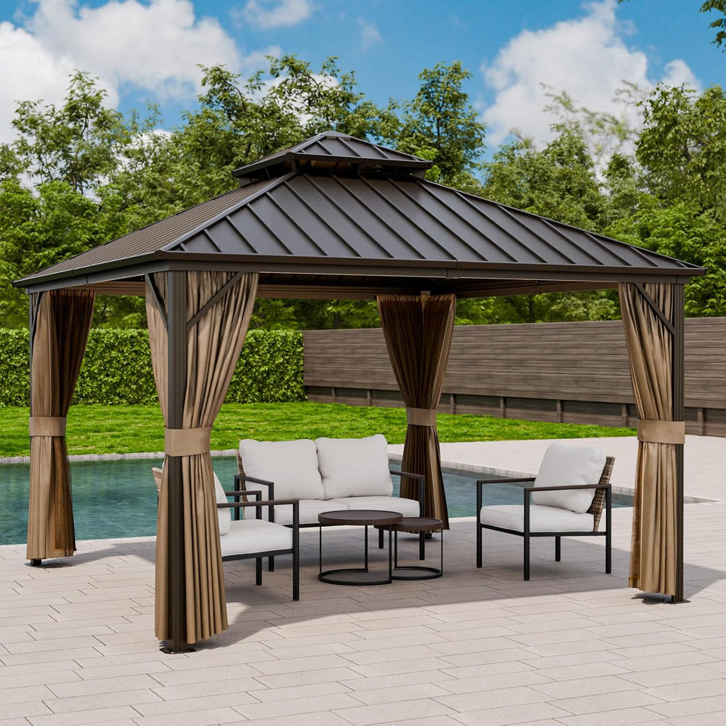 EAGLE PEAK 12x12 Hardtop Gazebo, Galvanized Steel Double Roof with Aluminum Frame, Outdoor Pavilion with Netting and Curtains for Patio, Deck, Lawn and Garden, Dark Brown/Tan