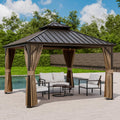EAGLE PEAK 12x12 Hardtop Gazebo, Galvanized Steel Double Roof with Aluminum Frame, Outdoor Pavilion with Netting and Curtains for Patio, Deck, Lawn and Garden, Dark Brown/Tan