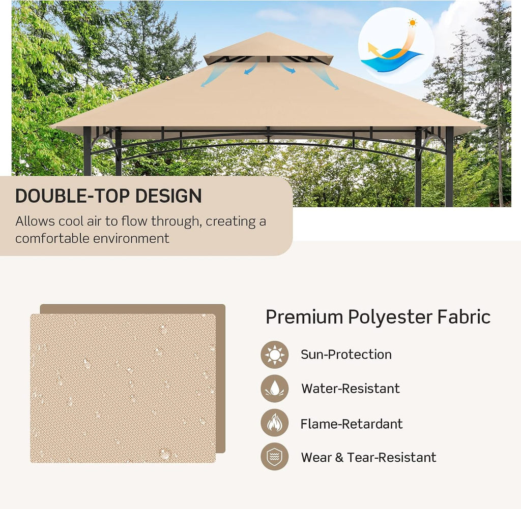 Tangkula 8x5 Ft Grill Gazebo, Double Tiered Outdoor BBQ Gazebo with 2 Side Shelves, 5 Hooks, Bottle Opener, Barbecue Grill Gazebo Shelter for Patio, Garden, Beach, Backyard (Khaki)