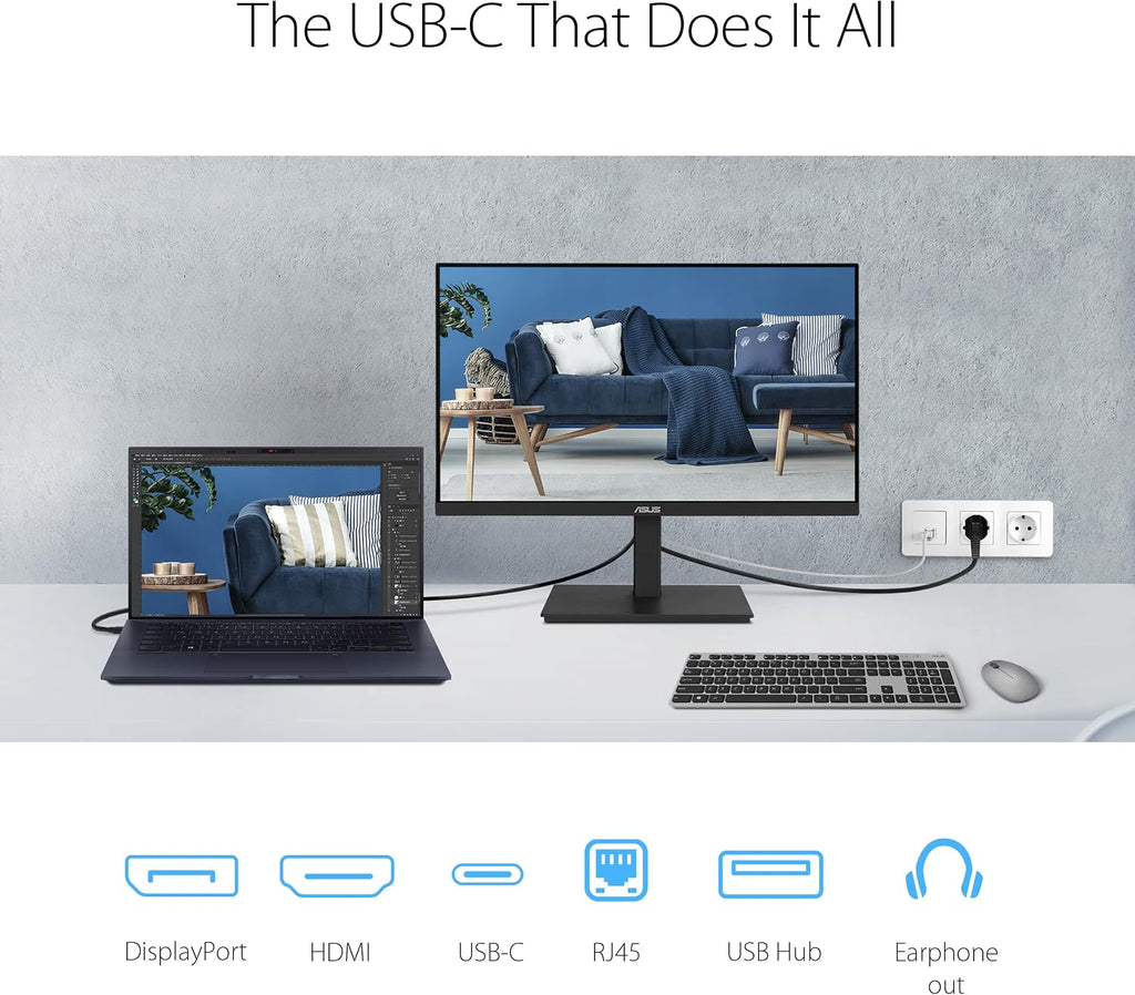 ASUS 27' 1080P Docking Monitor (VA27ECPSN) – Full HD, IPS, 75Hz, Adaptive-Sync, Speakers, Eye Care, Low Blue Light, Flicker Free, RJ45, USB-C, DisplayPort, HDMI, Height Adjustment, VESA Wall Mountable