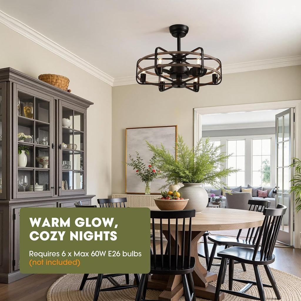 Industrial Caged Ceiling Fan with Lights, 25' Farmhouse Fandelier with Remote Control, 6-Speed Quiet Reversible Motor, E26 Base, Rustic Black and Wood Finish, No Bulbs Included