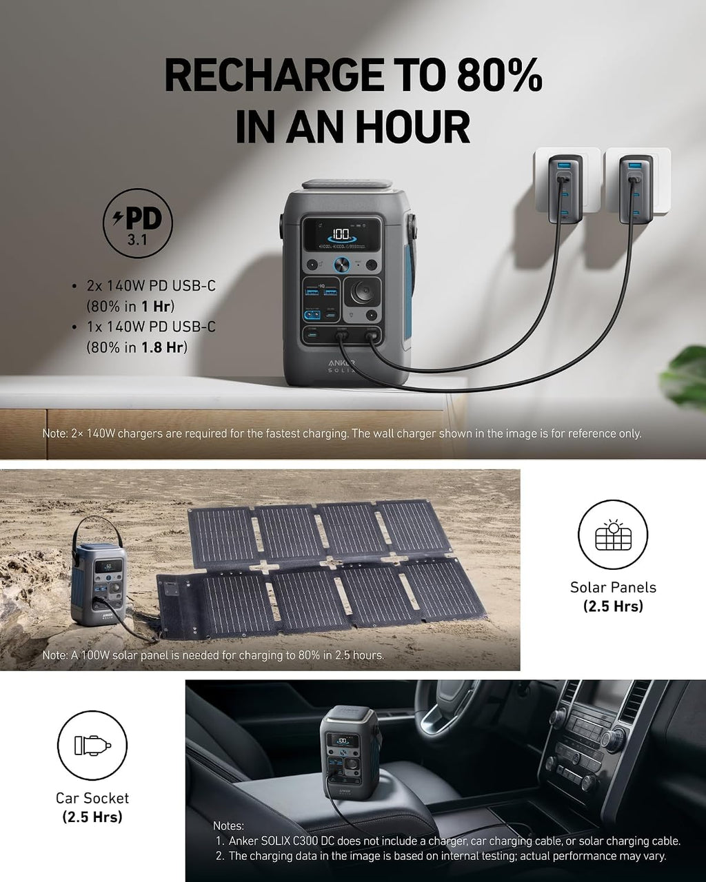 Anker SOLIX C300 DC Power Bank Station and Protective Bag, 288Wh Portable Power Station, LiFePO4 Battery, 300W Solar Generator, for Outdoor, Camping, Traveling, and Emergencies