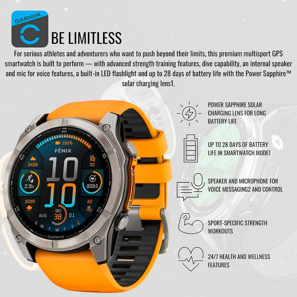 Garmin Fenix 8 Sapphire 51mm GPS Smartwatch with 1.4-Inch AMOLED Display (Spark Orange and Graphite) Bundle with Focus Camera Charger Stand and Focus Charger Port Protectors (9-Pack) (3 Items)