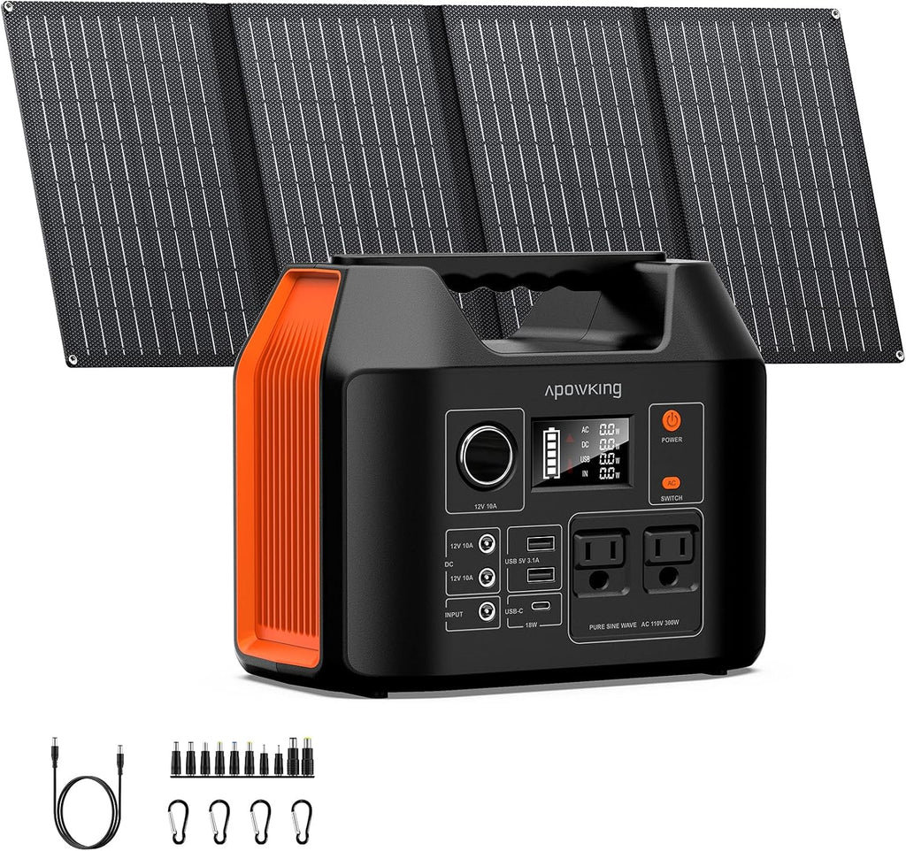 Solar Powered Generator, 300W Portable Power Station with Solar Panel 40W Included, 110V Pure Sine Wave 256Wh LiFePO4 Battery Pack with AC Outlet for Camping, Home Emergency, Traveling, RV Trip