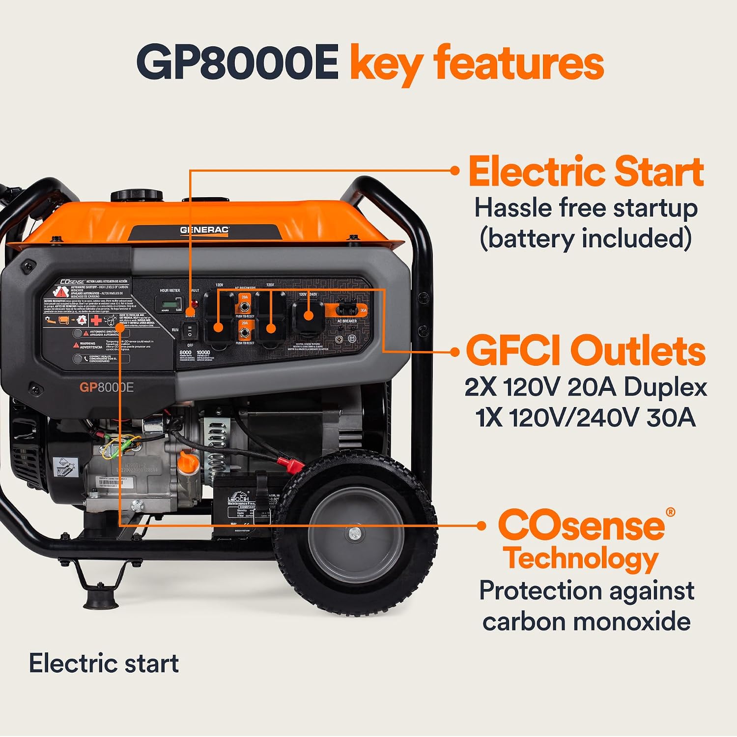 Generac 8,000-Watt Gas-Powered Portable Generator - COsense Technology - Powerrush Advanced Technology - Power for Emergencies and Recreation - Electric Start - Orange/Black - 50 State Compliant