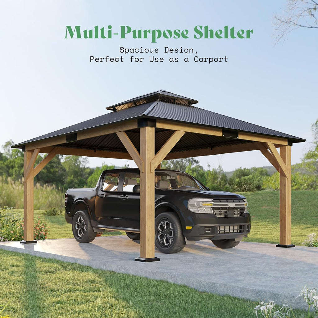 LUXOAK 13x15 Wood Gazebo, Hardtop Outdoor Gazebo with Aluminum Double Roof, Outdoor Wooden Pavilion for Parties, Backyard, Patio, Lawns, Black + Natural Wood