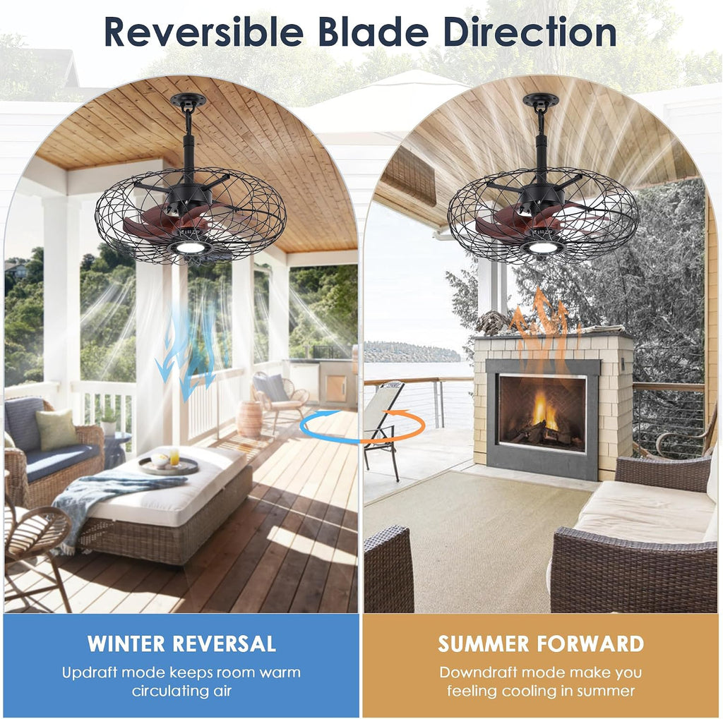 Miuyhji Black Outdoor Ceiling Fans with LED Light, 20' Waterproof Gazebo Fan Plug in Caged Industrial Fandelier Ceiling Fan with Remote, 6 Speeds Adjustable Height Fan for Bedroom Living Room Pergola