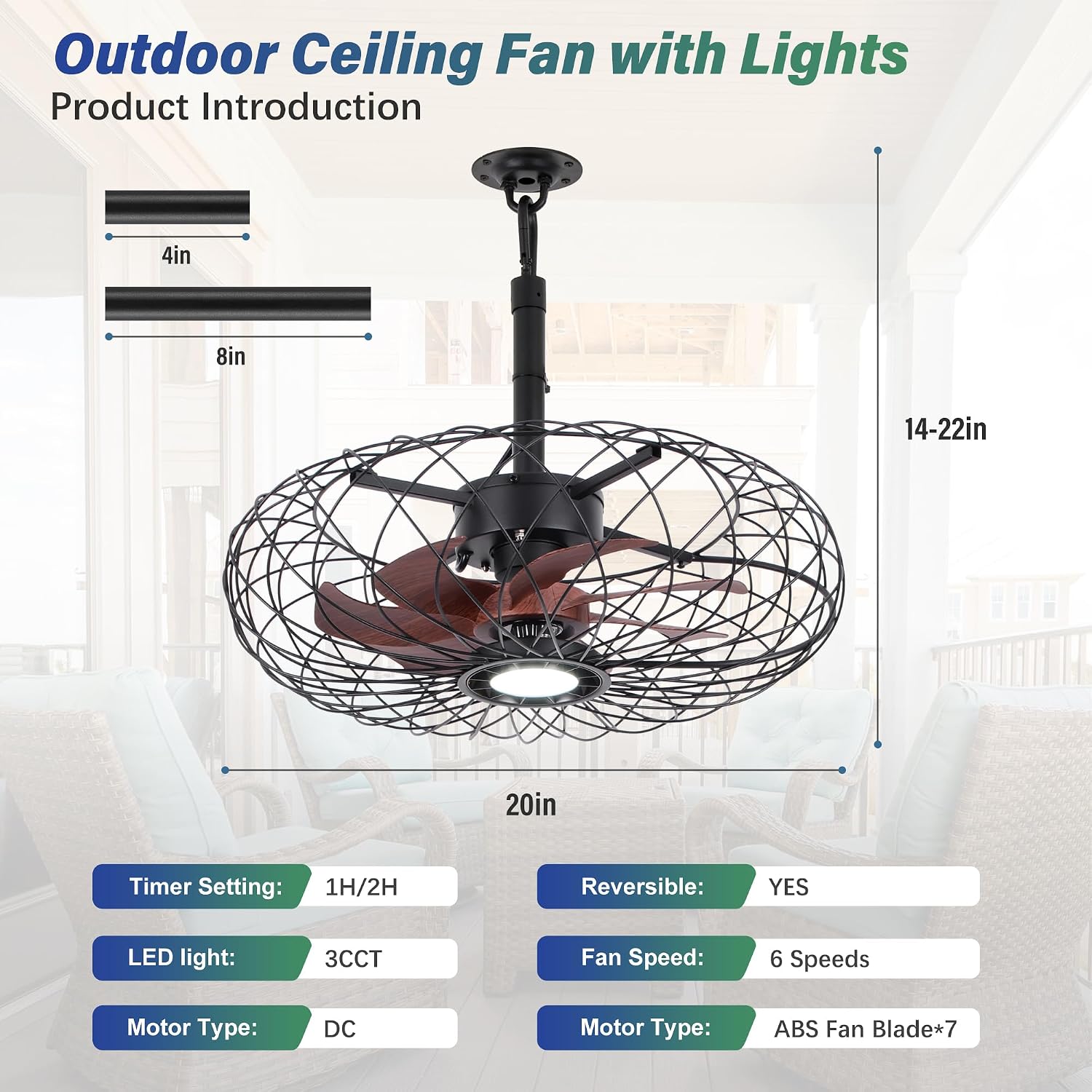 PAZALA 20' Gazebo Ceiling Fans with Lights and Remote Control, Waterproof Enclosed Caged Ceiling Fan with 3 Color LED Light, Portable Hanging Outdoor Fan with Plug in Cord Hook for Patios Black