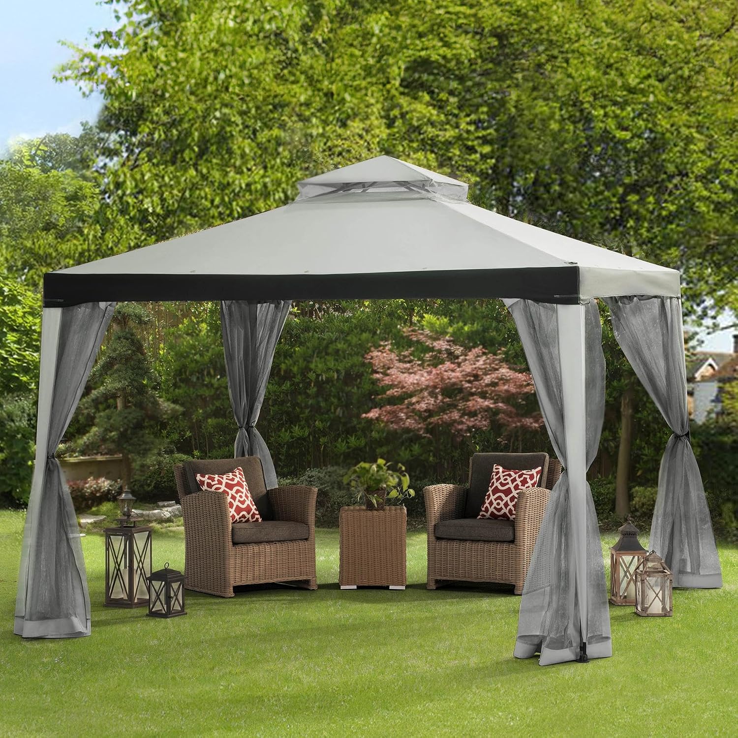 Sunjoy 10 x 10 ft. Soft Top Gazebo, Outdoor Patio Backyard Modern Grey 2-Tier Steel Frame Gazebo with Mesh Netting