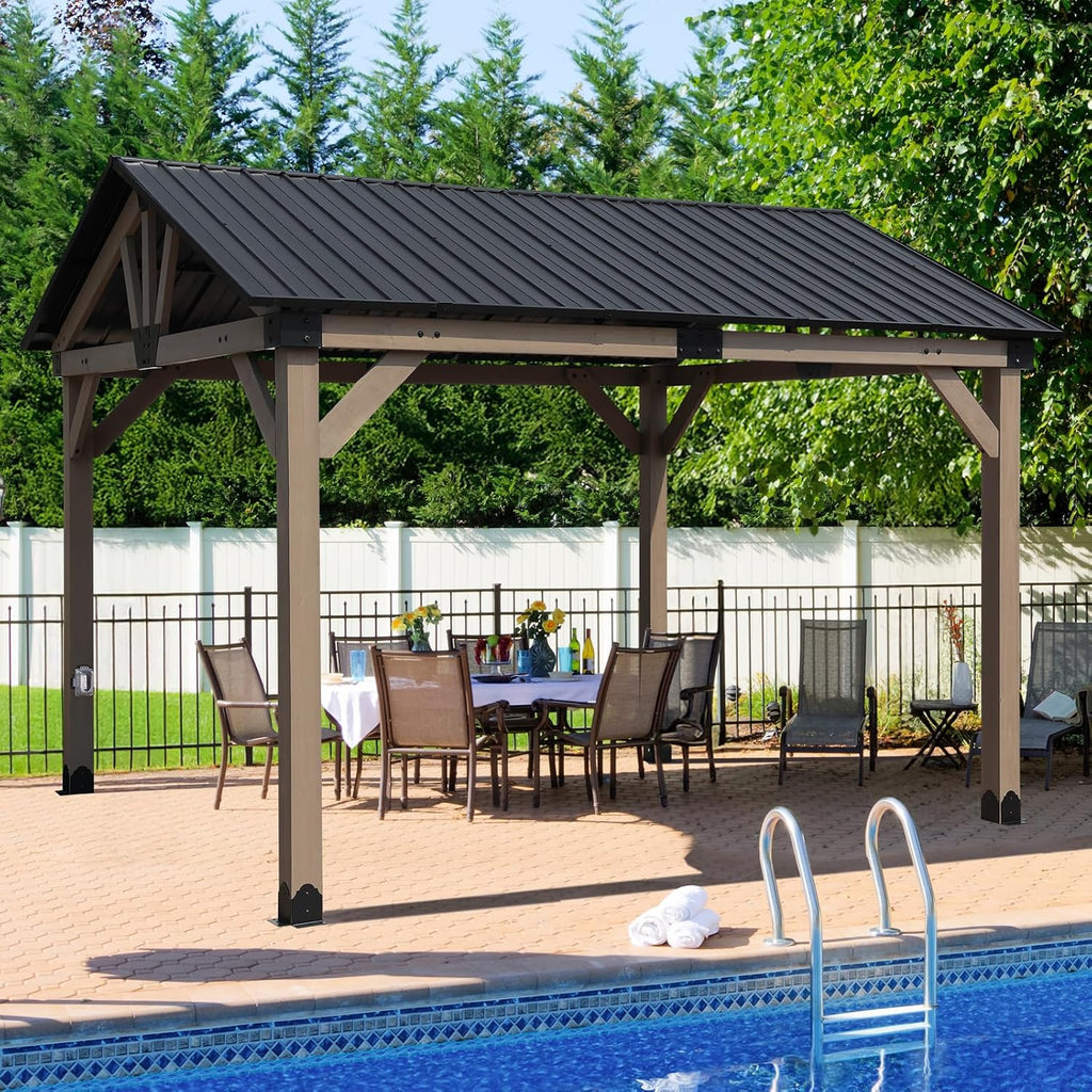 Aoodor 10 x 12 ft Wooden Frame Gazebo with Single Galvanized Metal Hardtop Roof, Outdoor Patio Gazebo with Charging Socket for Patio, Backyard, Deck, and Lawn