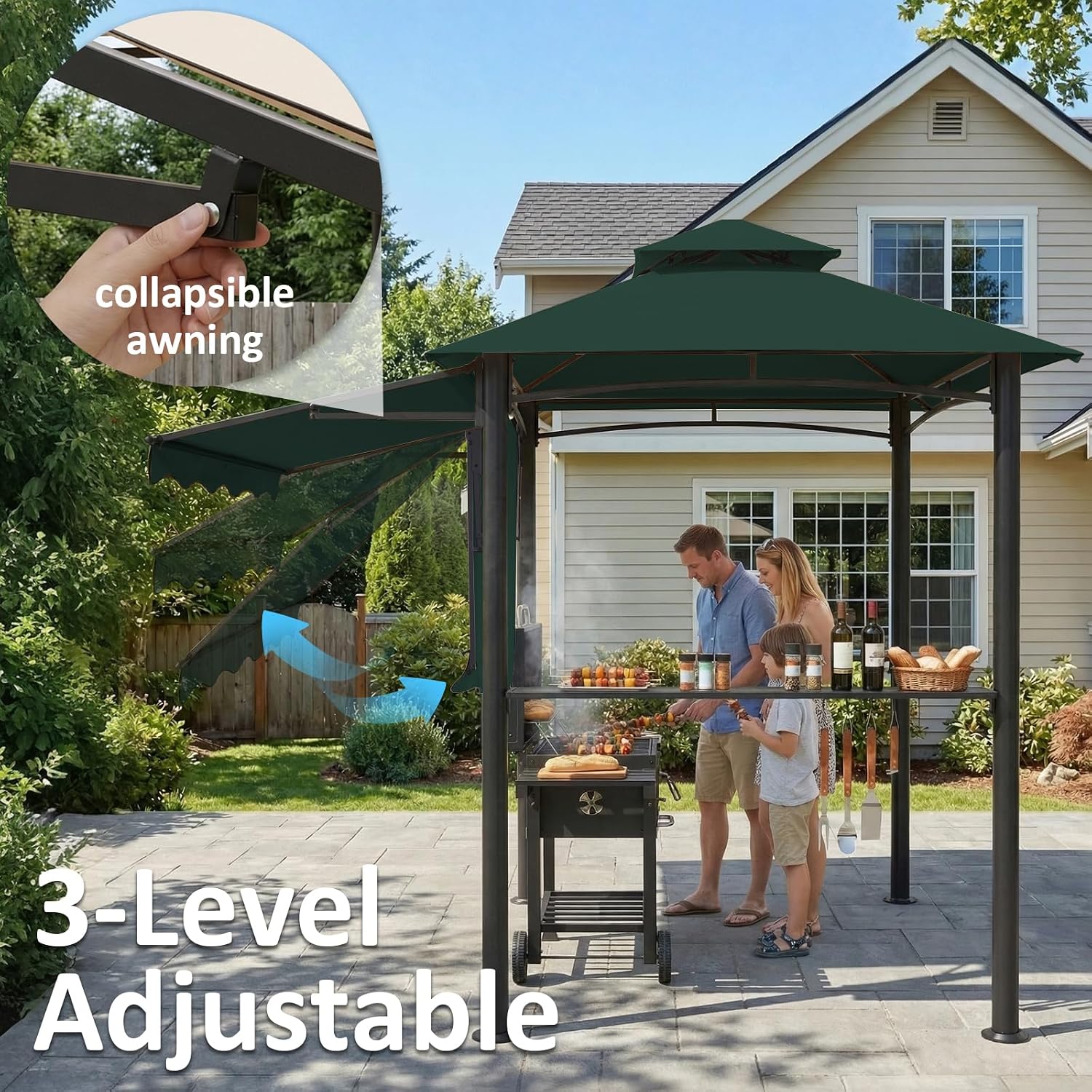 CHARMELEON 8x8 FT Grill Gazebo, Grill Canopy with Big Awning&2 Side Shelves&6 Hooks&Bottle Opener, Powder-Coated Steel BBQ Shelter for Patio Backyard Outdoor Grilling-Green
