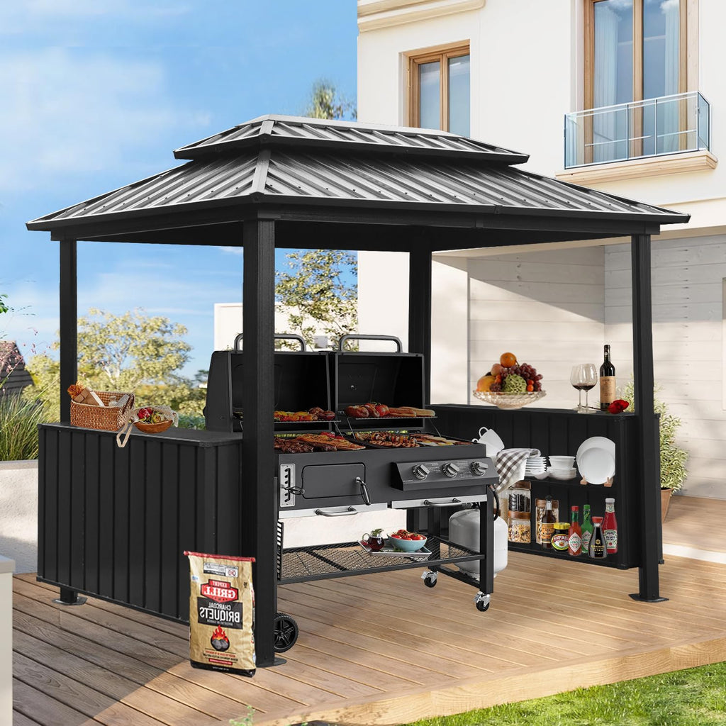 Domi 6x10FT Hardtop Grill Gazebo, Outdoor BBQ Gazebo with Double Galvanized Steel Roof, Metal Permanent Sun Shade Grill Canopy Shelter with 2 Storage Cabinets and Ceiling Hooks for Patio Yard, Gray