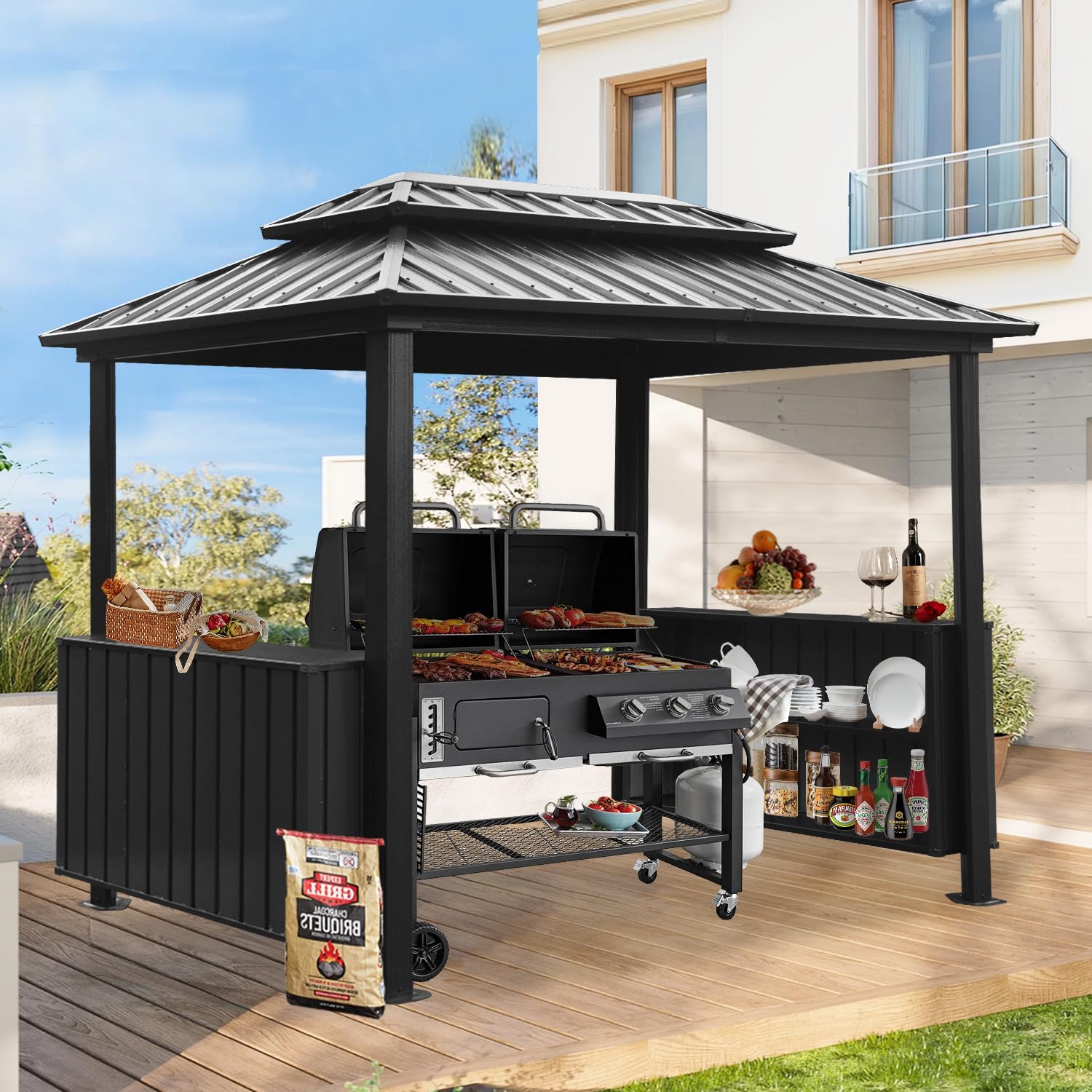 Domi 6x10FT Hardtop Grill Gazebo, Outdoor BBQ Gazebo with Double Galvanized Steel Roof, Metal Permanent Sun Shade Grill Canopy Shelter with 2 Storage Cabinets and Ceiling Hooks for Patio Yard, Gray