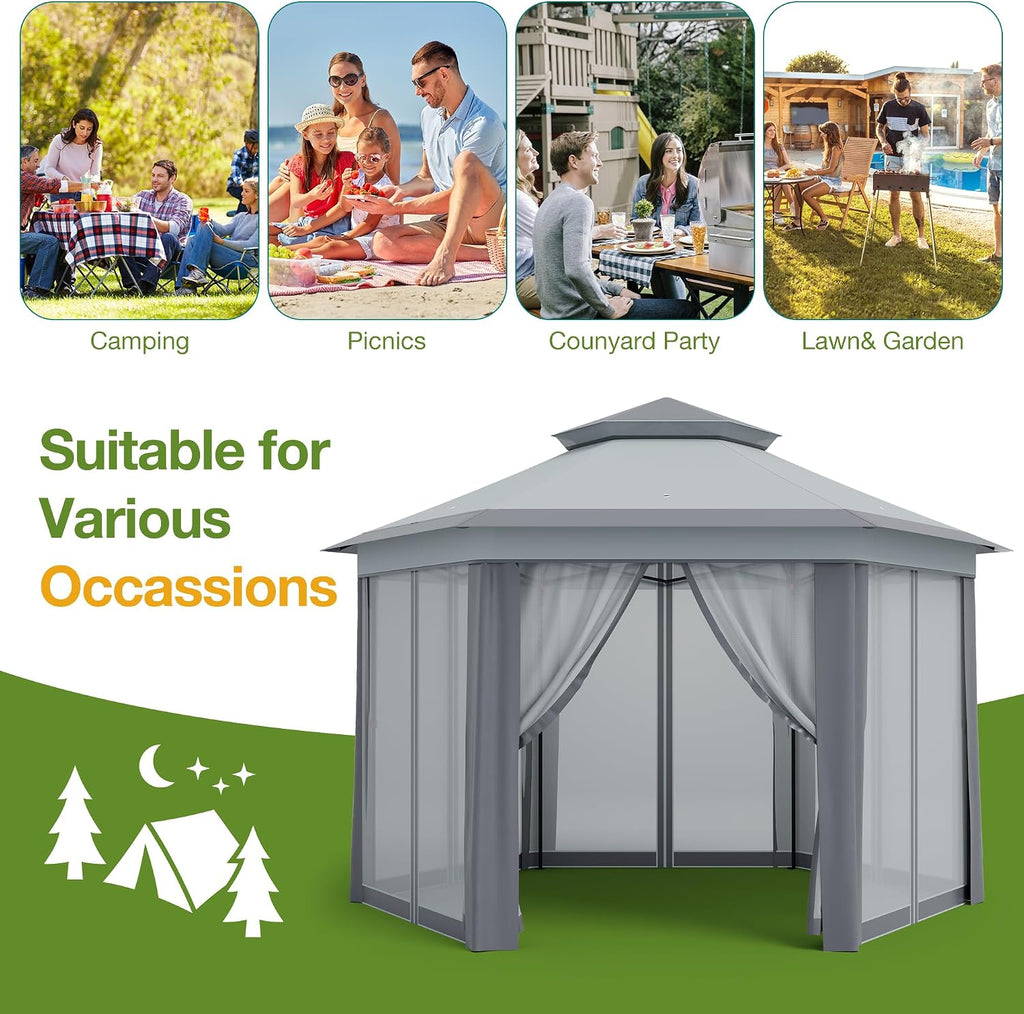 Pop-Up Gazebo 13 * 13 ft 6 Sided, Canopy Tent with Mesh Windows & Portable Carry Bag, Adjustable Tent Outdoor Pergola for Backyard & Patio Furniture (Light Grey)