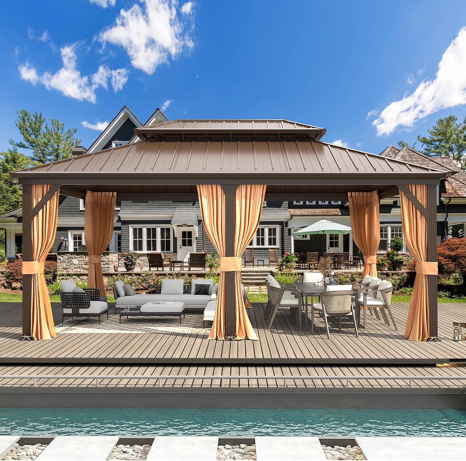 MELLCOM 12'x18' Hardtop Gazebo, Metal Double Roof Aluminum Gazebos with Curtain and Netting,Brown Permanent Galvanized Steel Pavilion for Patio, Lawn & Deck
