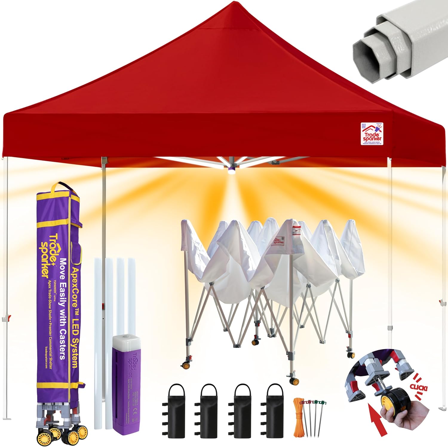 Tradesparker 10x10 Pop Up Canopy Tent,Commercial Movable Canopy with ApexCore LED&Rugged Casters-Instant Easy Setup Shelter Canopies with Weight Bags&Stakes for Outdoor Events Markets Vendors,Red