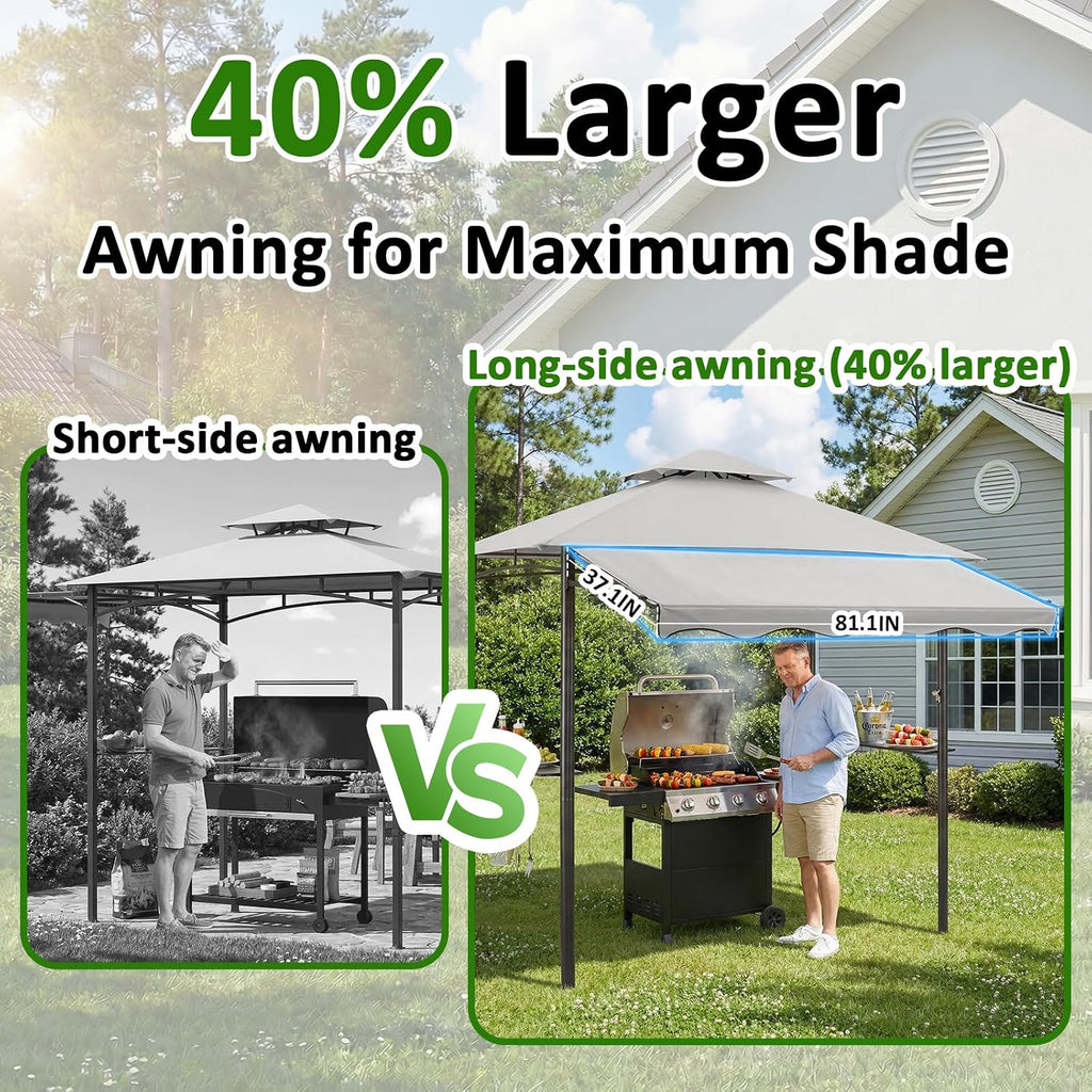 CHARMELEON 8x8 FT Grill Gazebo, Grill Canopy with Big Awning&2 Side Shelves&6 Hooks&Bottle Opener, Powder-Coated Steel BBQ Shelter for Patio Backyard Outdoor Grilling-Light Gray