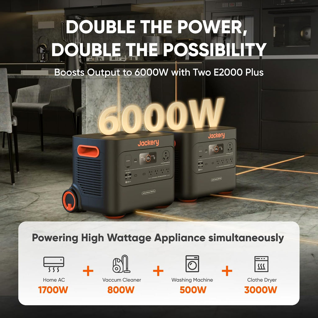 Jackery Explorer 2000 Plus Portable Power Station & 1x Extra Battery, 2x 200W Solar Panel, 4085Wh LiFePO4, 10-Year Lifespan, 3000W Output, Expandable to 24kWh, UPS Home Backup for Camping RV Emergency