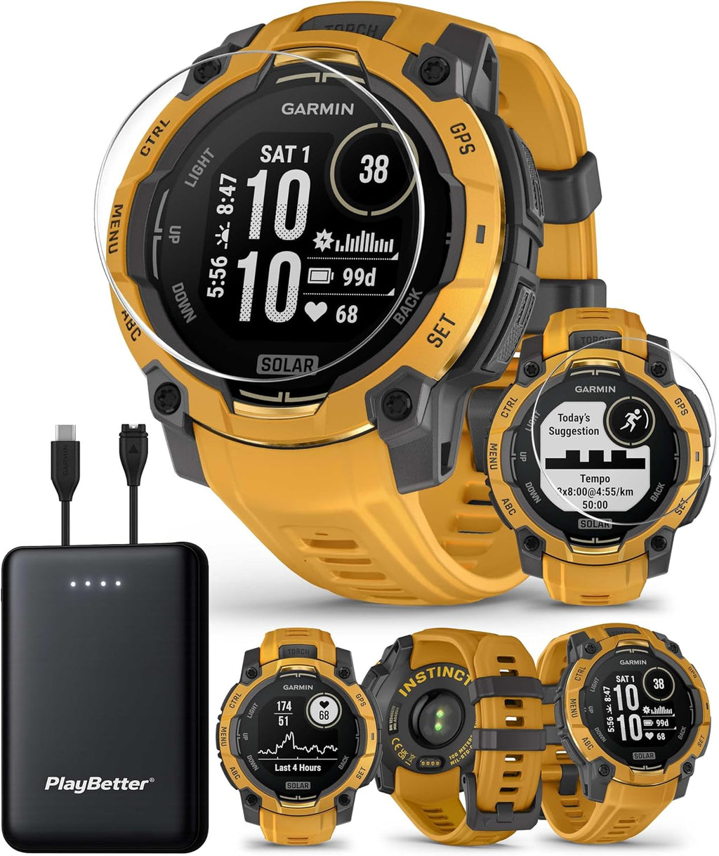 Garmin Instinct 3 Alpine Rush Solar (Sunburst/Gray, 45 mm) Outdoor GPS Smartwatch Bundle - Built-in Flashlight, 24/7 Health & Wellness Monitor with PlayBetter Portable Charger & HD Screen Protectors