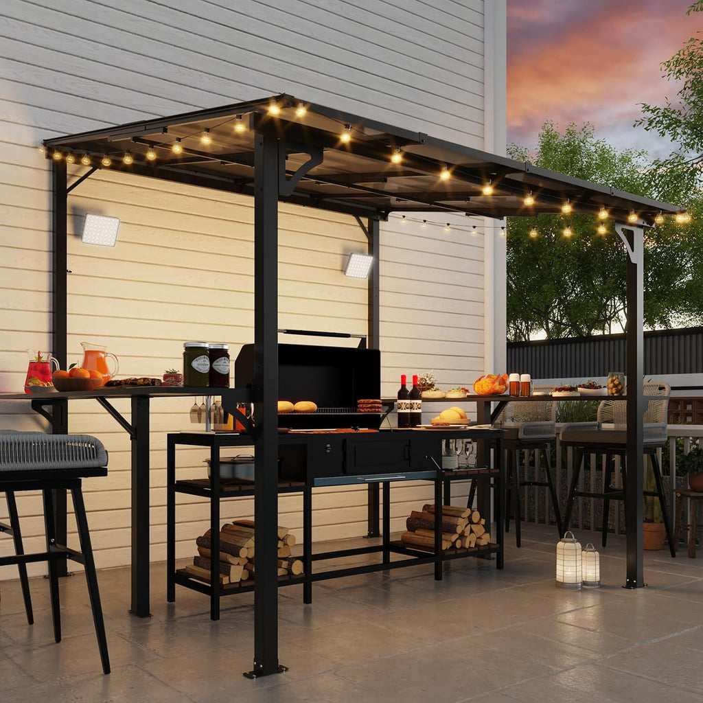 MEISSALIVVE 8' x 8' Wall Mounted Gazebo, Outdoor BBQ Grill Gazebo with Side Shelf, Lean to Metal Awnings with Sloped Roof, Heavy Duty Pergola for Backyard, Deck, Black