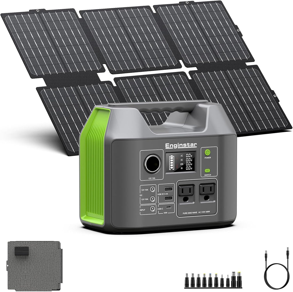 Portable Solar Generator, 300W Portable Power Station with Foldable 60W Solar Panel, 110V Pure Sine Wave 296Wh 80000mAh Lithium Battery Pack for Home Use RV Van Outdoor Camping-Panel included