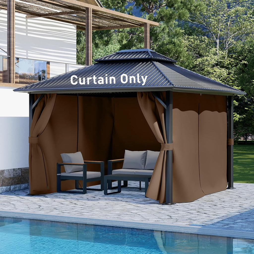 Aoodor 12x14 ft Outdoor Gazebo Curtains, 4 Panels Waterproof Privacy Sidewall Replacement with Zipper for Patio Pergola and Canopy, Brown