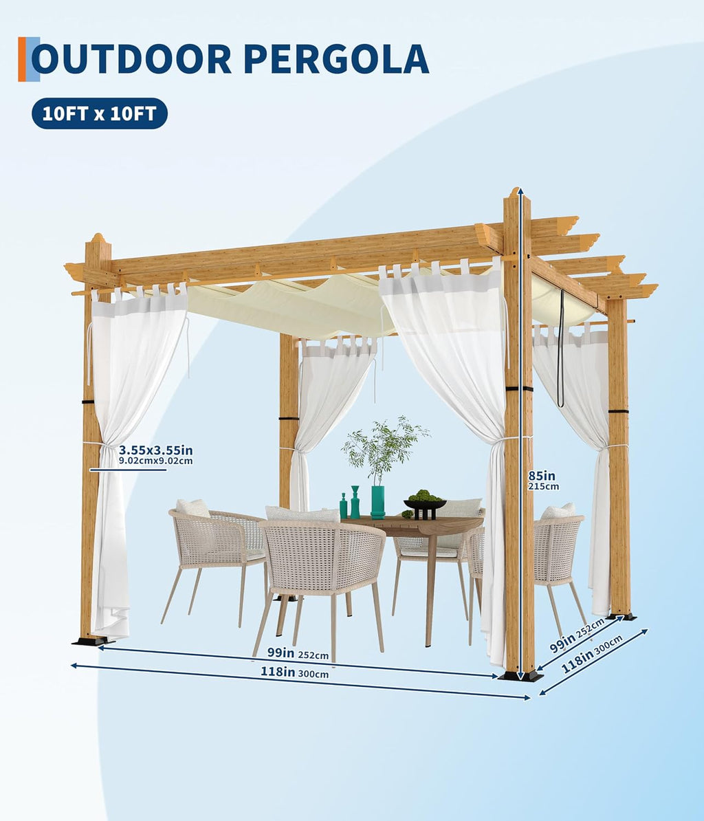 GAOMON 10x10 Ft Outdoor Pergola, Heavy-Duty Aluminum Patio Pergolas and Gazebos Clearance with Retractable Canopy & Side Mesh Curtain, Metal Pergola for Existing Deck, Backyard Garden Porch, Beige