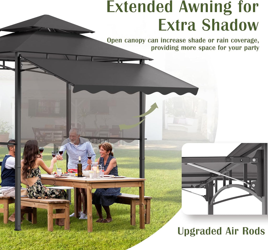 8'X 8' Grill Gazebo with Extra Side Awning, Double Tiered BBQ Gazebos Heavy-Duty Steel Frame Awning W/2 Side Shelf 7 Hook, Outdoor Pergola Awning Tent for Patio Deck Backyard BBQ Party (Gray)